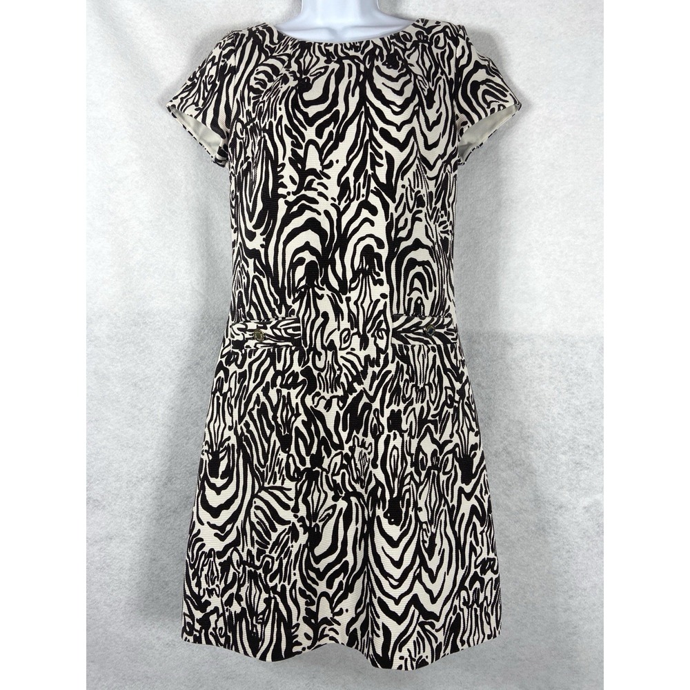 Lilly Pulitzer Layton Dress Women Medium Shift Ribbed Brown White Cotton Zebra